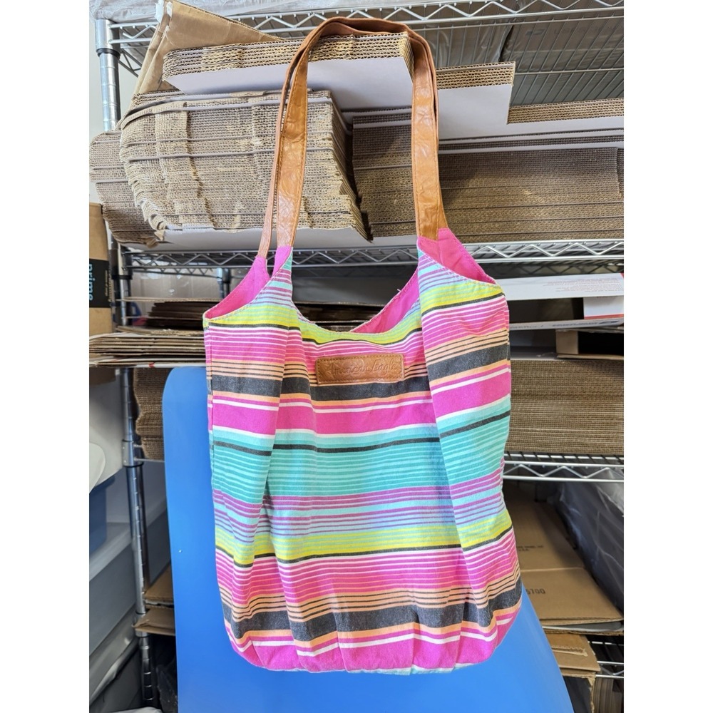 American Eagle‎ Striped Canvas Tote Bag Pink Blue Brown Leather Handles